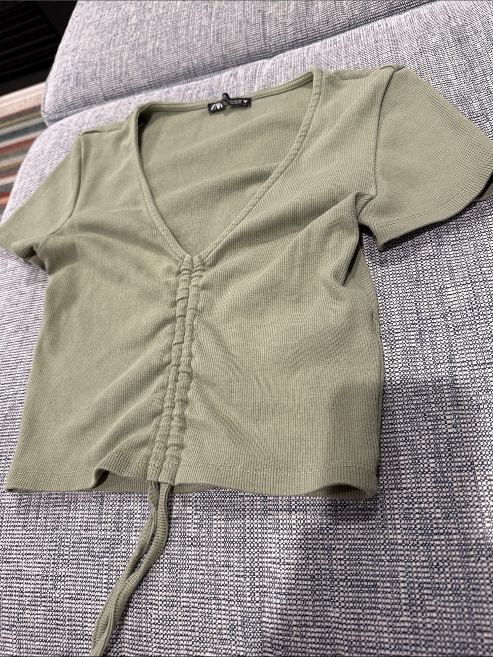 Zara Olive Green Ribbed V-Neck Ruched Crop Top